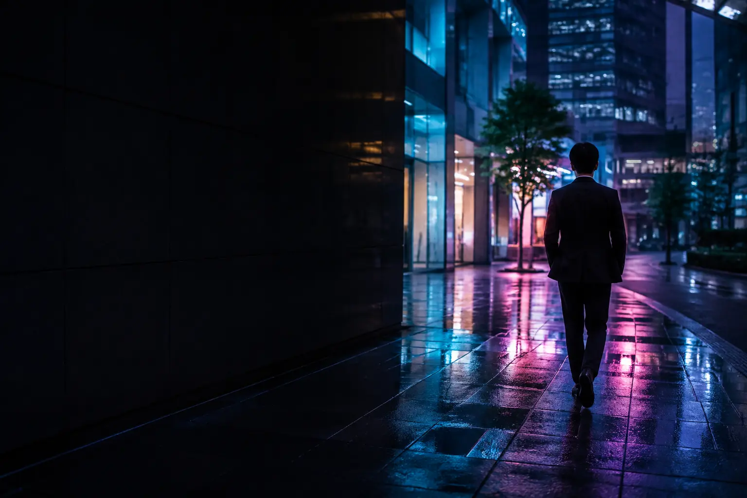 Anonymous professional moving through a contemporary Tokyo business district at blue hour